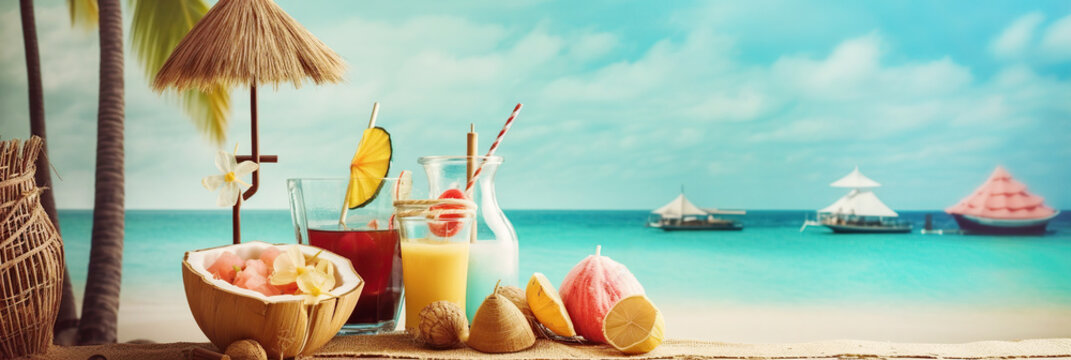 Glasses with cold refreshing summer drinks. Ice lemonade, tea, smoothie and tropical fruits on sand beach blue sky background. Summer holiday background. Created with generative Ai