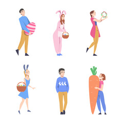 Happy Easter with Cheerful People Celebrating Holiday Vector Set