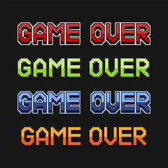 Fototapeta na wymiar Game over pixel lettering set. Video game screen message. Vector illustration.