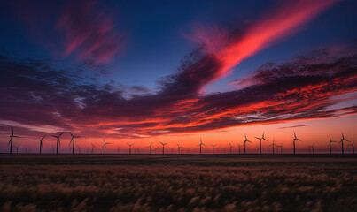  a field of grass with a bunch of windmills in the distance at sunset with a red sky in the background and a few clouds in the distance.  generative ai