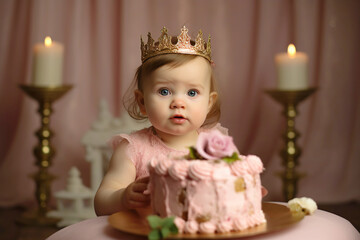 Fototapeta premium Portrait of charming baby girl wearing princess crown celebrating her first birthday, luxury, cake and studio decoration in pastel colors. Generative AI