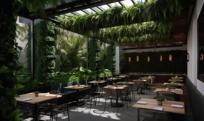 Obraz premium a restaurant with tables and chairs covered in plants and greenery hanging from the roof of the restaurant's area, along with a wall of hanging plants and hanging from the ceiling. generative ai