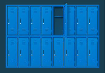 Realistic Detailed 3d Blue Steel School Gym Locker or Fitness Boxes with Open Door Set. Vector illustration of Individual Teenager Metal Cabinets