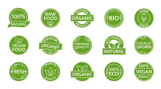 Organic, natural, bio product icon set. Healthy vegan food label. Farm fresh, locally grown badges. Eco friendly tag. Gmo free. Beauty product. Sustainable life. Premium quality. Vector illustration