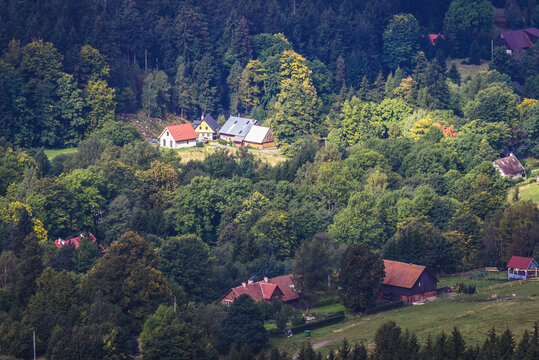 Pasterka village, view from Szczeliniec Wielki mount in Table Mountains, part of Sudetes in Poland