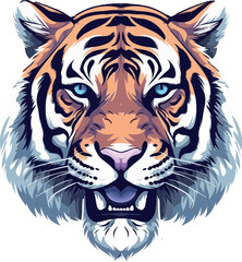 Vector Illustration of a Tiger Head with Piercing Blue Eyes, Subtle Shades of Purple and Orange