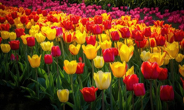  a field full of colorful tulips in a park with trees in the backgrouf of the picture and a green area with a red, yellow, red, yellow, red, and pink, and white, and yellow.  generative ai