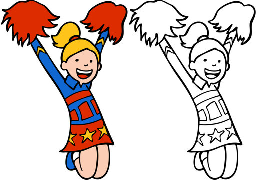 Cartoon image of a girl dressed in a cheerleader outfit - color and black/white versions.