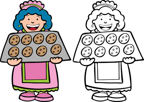 Cartoon image of a lady serving cookies - color and black / white versions.