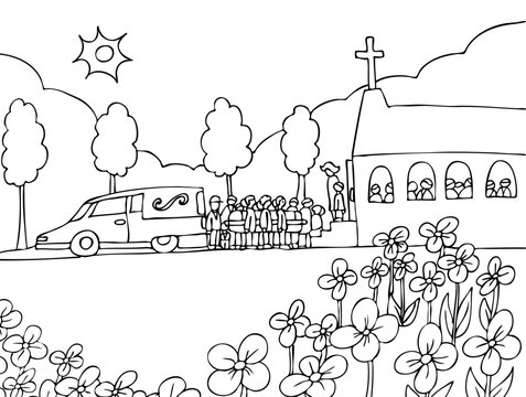 Cartoon of people carrying a casket out of a hearse and into a crowded church - black and white version.