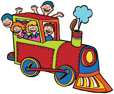 Group of children having fun riding in a train - no background.