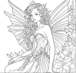 Fototapeta premium Beautiful forest fairy for coloring page for adult