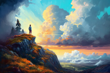 man standing on a hillside at sunset, Generative AI