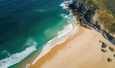  an aerial view of a sandy beach and ocean with a cliff in the background.  generative ai