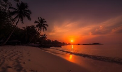 Fototapeta na wymiar the sun is setting over the ocean on a beach with palm trees. generative ai