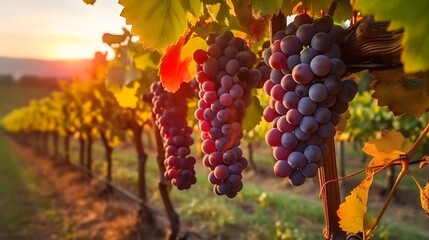 Ripe red wine grapes in vineyard at sunset, close up.