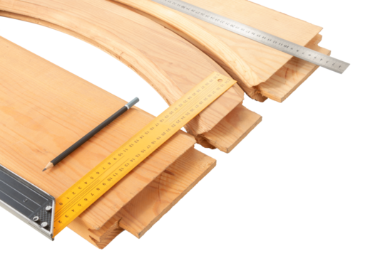 transverse wooden blanks for the assembly of paneled doors, processed by a milling machine in a carpentry workshop, on an isolated background