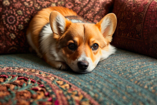 Digital photo of a cute Royal Corgi puppy and happy elderly couple sitting on the cozy sofa in the retro living room. Generative AI