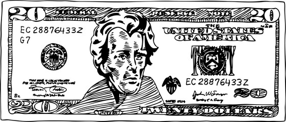 Hand drawn sketch of a 20 dollar bill. - obrazy, fototapety, plakaty