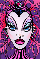 A close-up on the face and make-up of a Las Vegas Showgirl.