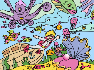 Fototapeta premium Child is deep under the sea exploring the beauty of the ocean fish, plants and other sea life.