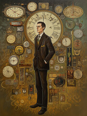 A Businessman with his hands in his pockets standing by the wall which has many clocks