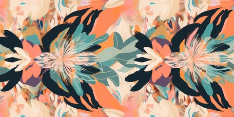 Fototapeta na wymiar Hand drawn modern artistic flowers print. Unique exotic abstract contemporary seamless pattern, Generative AI