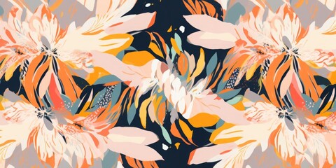 Fototapeta na wymiar Hand drawn modern artistic flowers print. Unique exotic abstract contemporary seamless pattern, Generative AI
