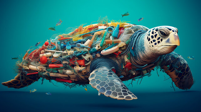An illustration of a turtle entangled in plastic waste highlighting the devastating impact on marine ecosystems. Generative AI