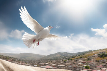 A white dove is taking off. Freedom concept and international day of peace. Generative AI