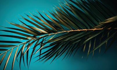  a close up of a palm leaf against a blue background.  generative ai