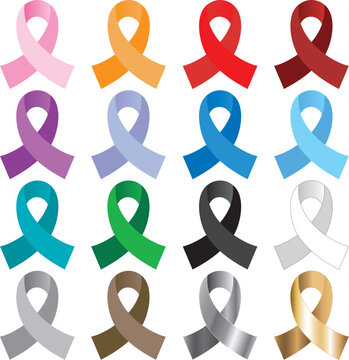 Vector Illustration of 16 awareness ribbons in red, gold, pink, silver, orange, blue, green, teal, purple, black, brown, gray, burgundy, white, lavender and light blue. Each ribbon represents differen