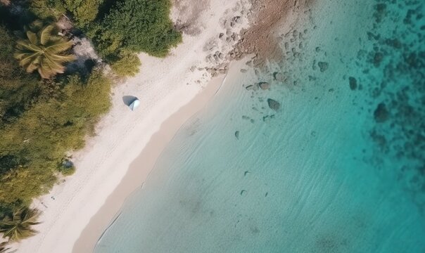  an aerial view of a sandy beach with a boat in the water.  generative ai