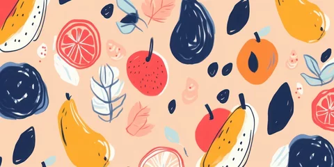 Muurstickers Hand drawn abstract artistic cute fruits pattern. Collage playful contemporary print. Fashionable template for design, Generative AI © James