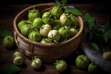 tomatillos freshly harvested and placed in a rustic wooden basket