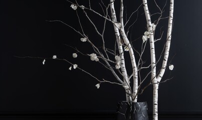  a vase with white flowers in it sitting next to a tree.  generative ai