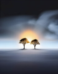 Concept of two trees on the desert with sunset