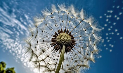  a close up of a dandelion with a blue sky in the background.  generative ai