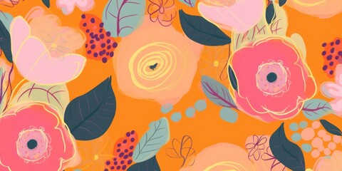 Hand drawn bright cute artistic flowers print. Modern cartoon style botanical pattern. Fashionable template for design, Generative AI