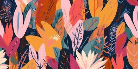 Modern colorful tropical floral pattern. Cute botanical abstract contemporary seamless pattern. Hand drawn unique print, Generative AI