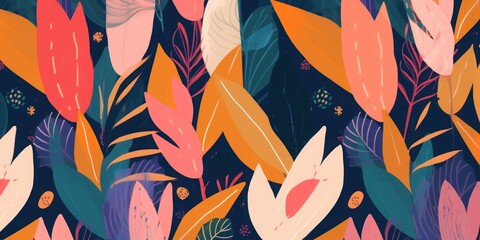 Modern colorful tropical floral pattern. Cute botanical abstract contemporary seamless pattern. Hand drawn unique print, Generative AI