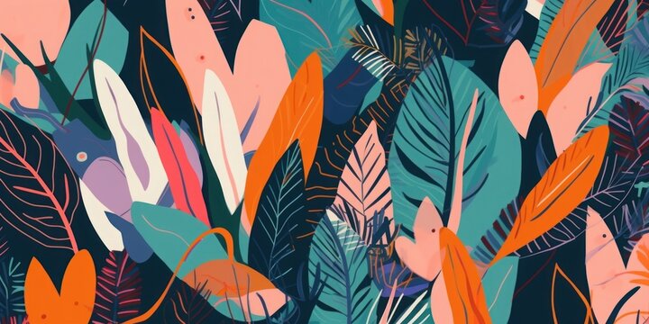 Modern colorful tropical floral pattern. Cute botanical abstract contemporary seamless pattern. Hand drawn unique print, Generative AI