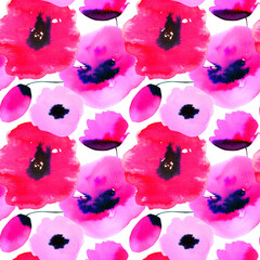 Fototapeta na wymiar Beautiful seamless pattern with abstract watercolor hand drawn red, pink and lila poppy flowers. Spring summer painting. Stock illustration.