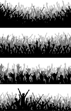 Set of editable vector silhouettes of cheering crowds