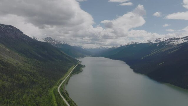 High aerial of a serene lake in Jasper National Park