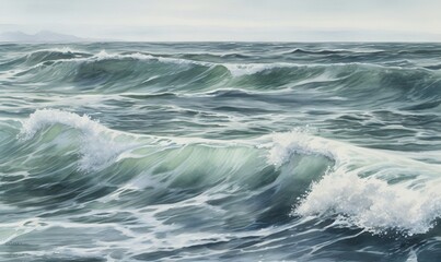 Naklejka na ściany i meble a painting of a large body of water with waves coming in. generative ai