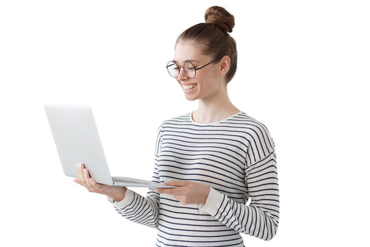 Happy Student Girl Wearing Glasses, Standing With Laptop