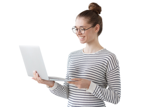 Happy student girl wearing glasses, standing with laptop
