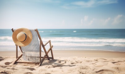  a beach chair with a straw hat on top of it.  generative ai