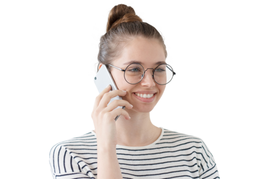 Side portrait of young woman wearing glasses, talking on the phone with smile